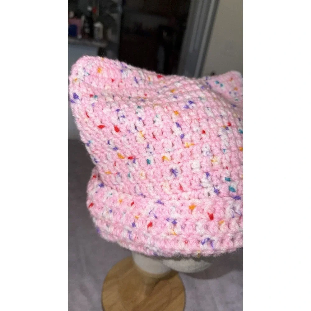 Handmade Crochet Pink Confetti Cat Ear Beanie Hat Adult Teen Gift